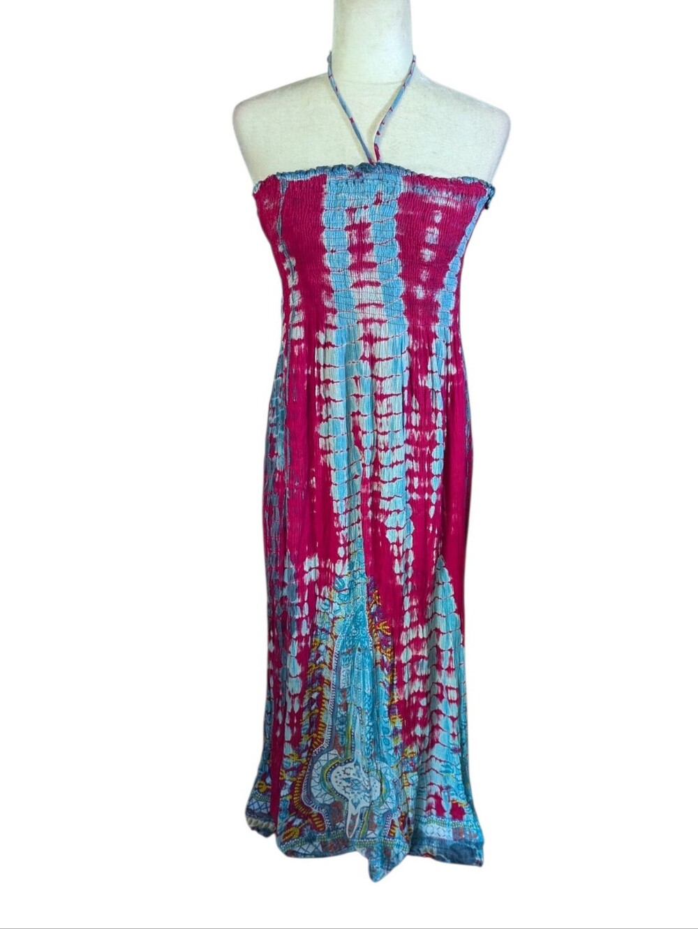 Strapless Tie-Dye Maxi Dress in Fuchsia and Sky Blue Haler Tie Option Smocked S
